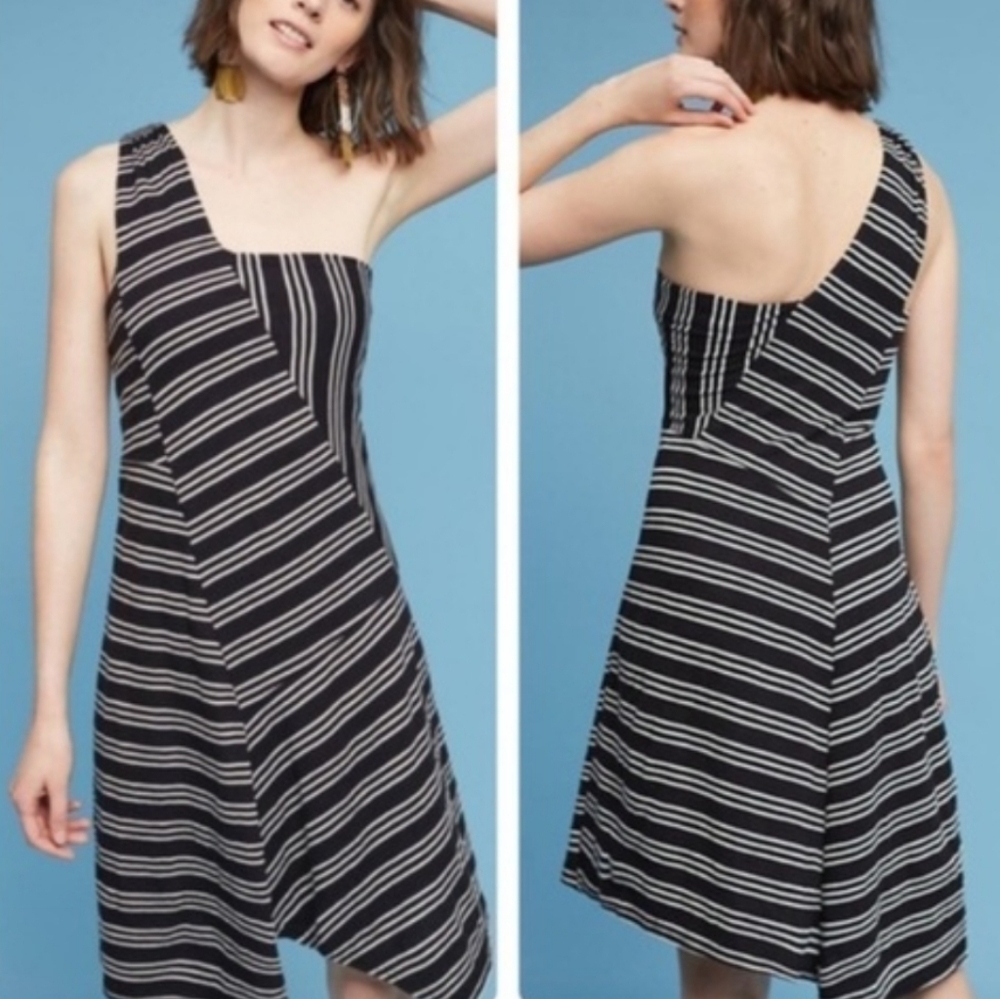 Anthropologie Maeve Moka One Shoulder Striped Asymmetrical Dress Small